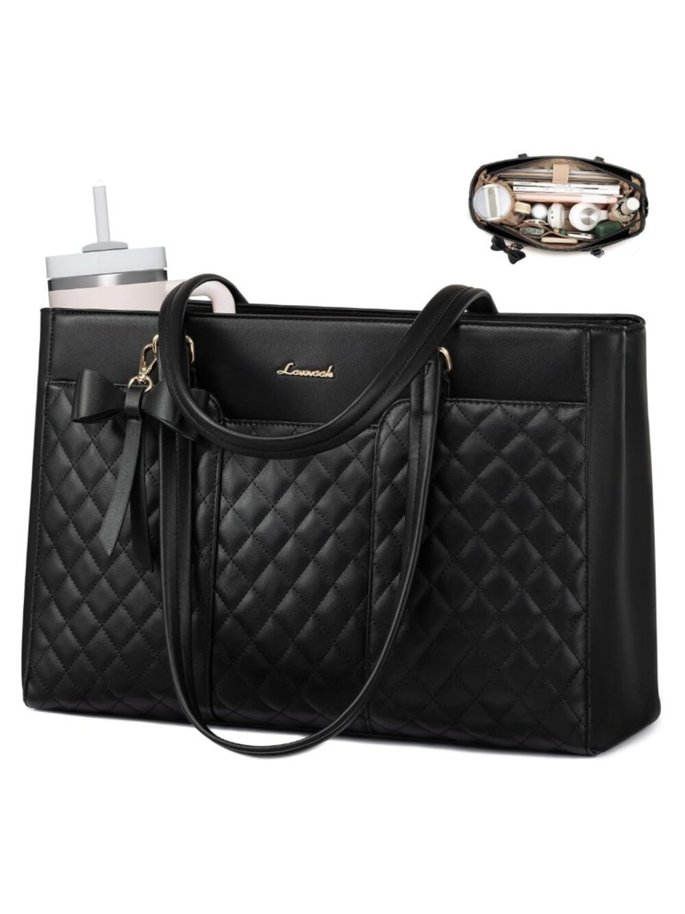LOVEVOOK Laptop Tote Bag 15.6 Inch PU Leather Work Bag Quilted Satchel for Women